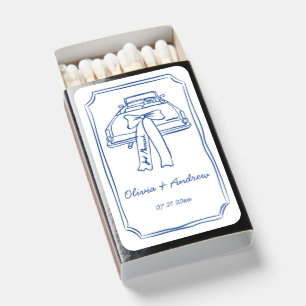 Blue Hand Drawn Vintage Wedding Car Matchboxes