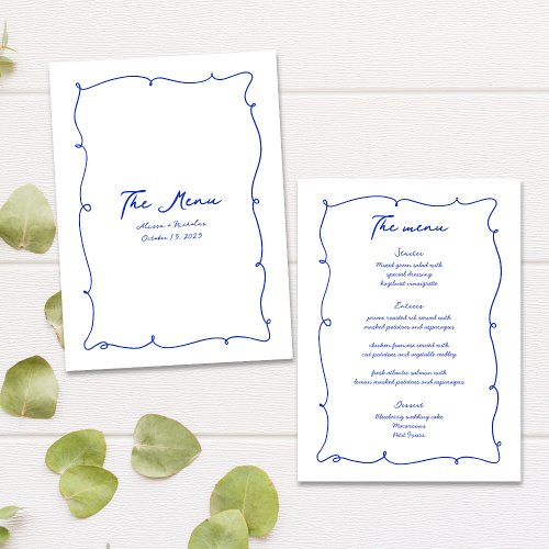 Blue Hand Drawn Wavy Border  Script Wedding Menu