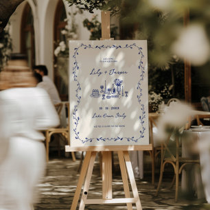 Blue Hand Drawn Wedding Welcome Foam Board