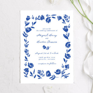 Blue Hand Drawn Whimsical Flower Border Wedding Invitation
