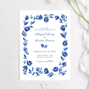 Blue Hand Drawn Whimsical Flower Border Wedding Invitation
