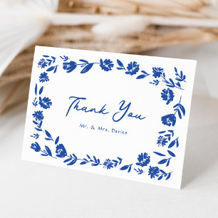 Blue Hand Drawn Whimsical Flower Border Wedding Letterpress Thank You Card