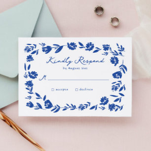 Blue Hand Drawn Whimsical Flower Border Wedding RSVP Card