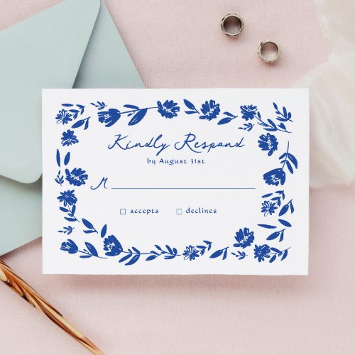 Blue Hand Drawn Whimsical Flower Border Wedding RSVP Card