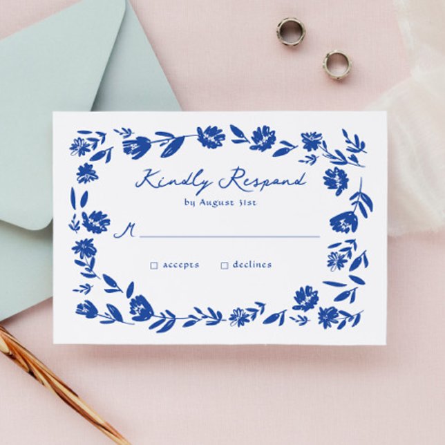 Blue Hand Drawn Whimsical Flower Border Wedding RSVP Card (Creator Uploaded)