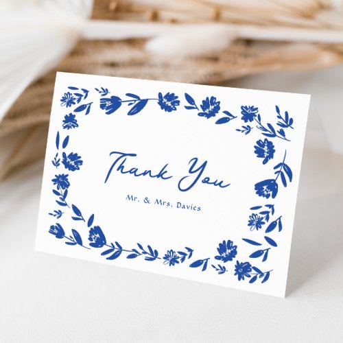 Blue Hand Drawn Whimsical Flower Border Wedding Thank You Card