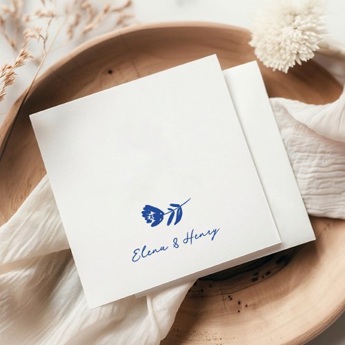 Blue Hand Drawn Whimsical Flower Wedding Napkins