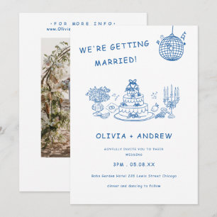 Blue Hand Drawn Whimsical Quirky Funky Wedding Invitation