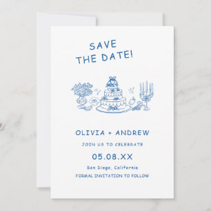 Blue Hand Drawn Whimsical Wedding Save The Date Invitation