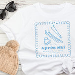 Blue Hand-Drawn Winter Après Ski Bachelorette T-Shirt<br><div class="desc">Set the tone for a cozy yet fun mountain getaway with this charming Après Ski themed bachelorette t-shirt. The front features hand-drawn illustrations of skis, poles, and a winter beanie, framed by a whimsical curly doodle border in a soft icy blue. The playful linework and clean white background create a...</div>