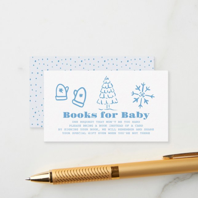 Blue Hand-Drawn Winter Baby Shower Book Request Enclosure Card (Front/Back In Situ)