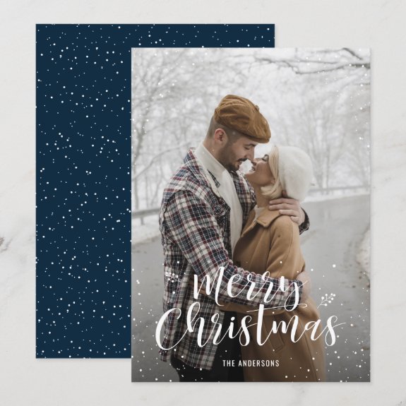 Blue Hand Lettered Snow Photo Christmas Cards