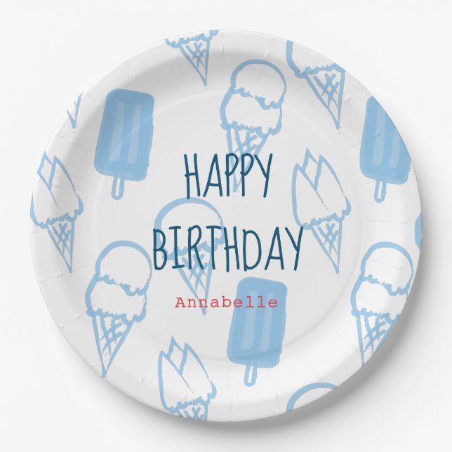 Blue Hand Painted Ice Cream Pattern Birthday Paper Plates (Front)