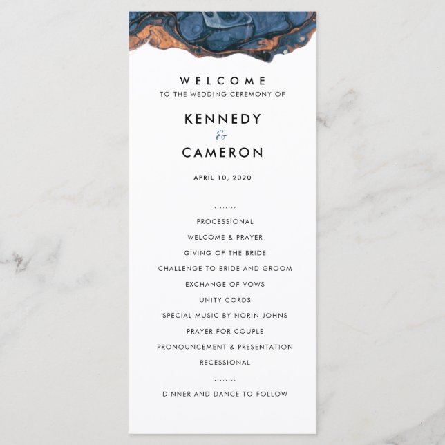 Blue Hand Painted Marble Wedding Ceremony Program (Front)