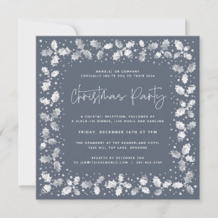 Blue Hand Printed Holly+Berries Christmas Party Invitation