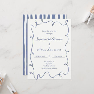 Blue  Hand Written Pinstripes Whimsical Wedding Invitation