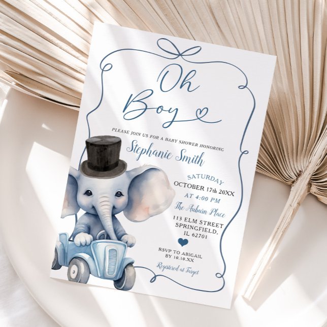 Blue Handdrawn Bow Elephant Baby Shower Boy Invitation (Creator Uploaded)