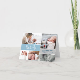Blue Handlettering Photo Collage Baby Shower Letterpress Thank You Card