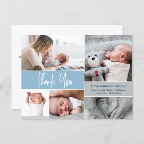 Blue Handlettering Photo Collage Baby Shower Postcard