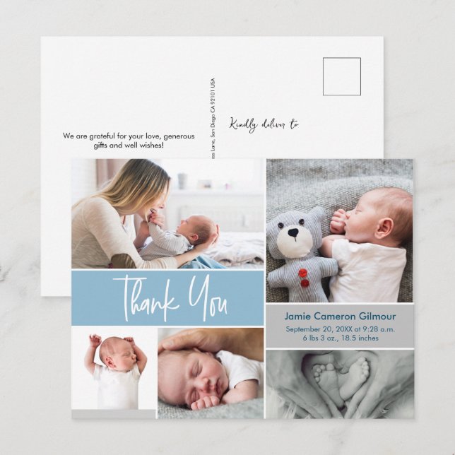 Blue Handlettering Photo Collage Baby Shower Postcard (Front/Back)