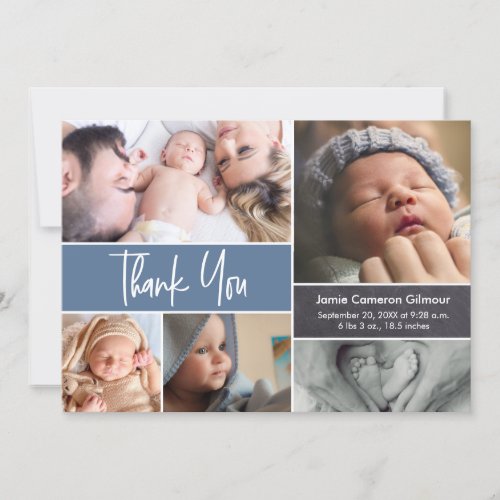 Blue Handlettering Photo Collage Baby Shower  Thank You Card