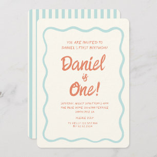 Blue Handwriting Wavy Pastel Baby First Birthday  Invitation