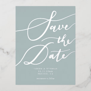 Blue Handwritten Calligraphy Save The Date Foil Invitation Postcard