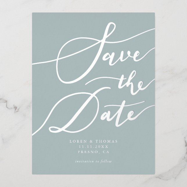 Blue Handwritten Calligraphy Save The Date Foil Invitation Postcard (Front)