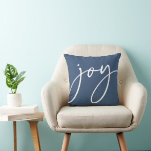 Blue Handwritten Script Joy Holiday Throw Pillow