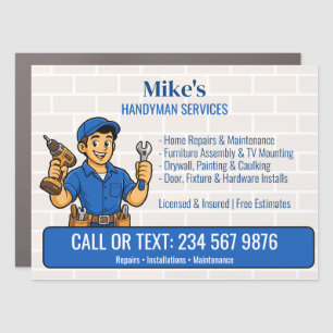 Blue Handyman Cartoon Man Home Repair Car Magnet