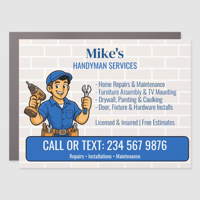 Blue Handyman Cartoon Man Home Repair Car Magnet
