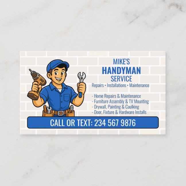 Blue Handyman Cartoon Man Tool QR Home Repair Business Card