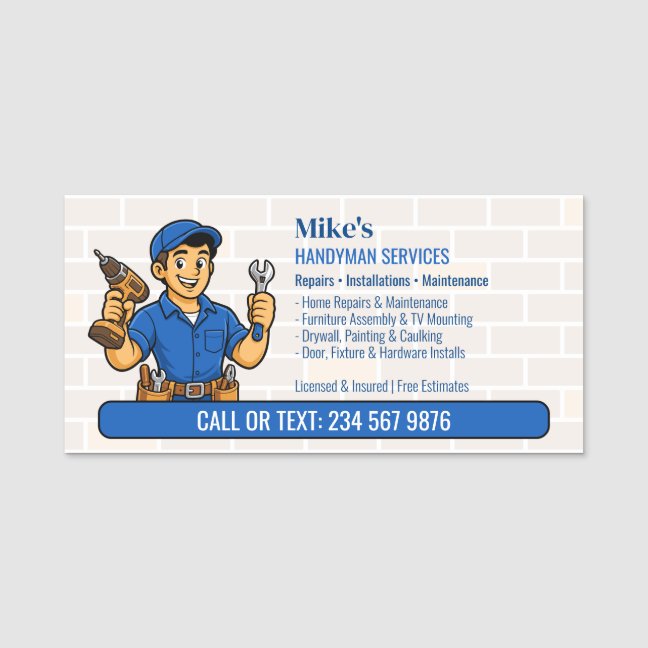 Blue Handyman Cartoon Tool Belt QR Home Repair Name Tag
