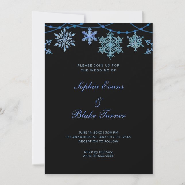Blue Hanging Lights and Snowflakes Black Wedding Invitation (Front)