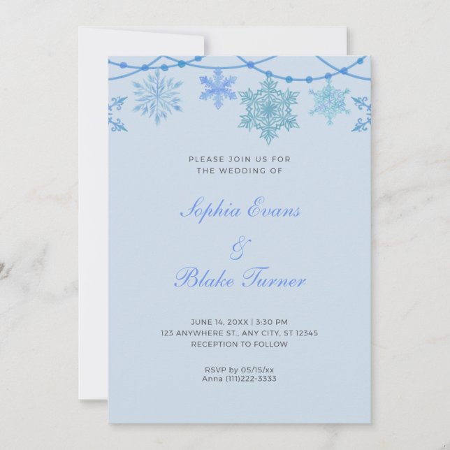 Blue Hanging Lights and Snowflakes Blue Wedding Invitation (Front)