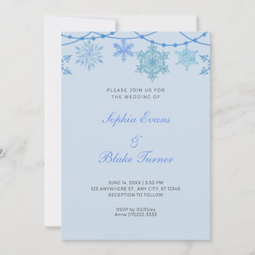 Blue Hanging Lights and Snowflakes Blue Wedding Invitation