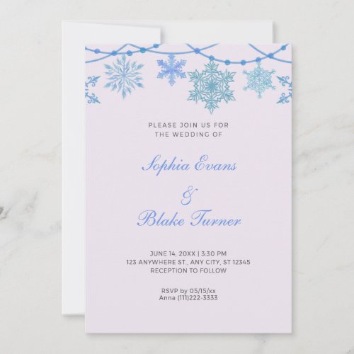 Blue Hanging Lights and Snowflakes Purple Wedding Invitation