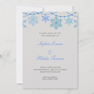 Blue Hanging Lights and Snowflakes Silver Wedding Invitation