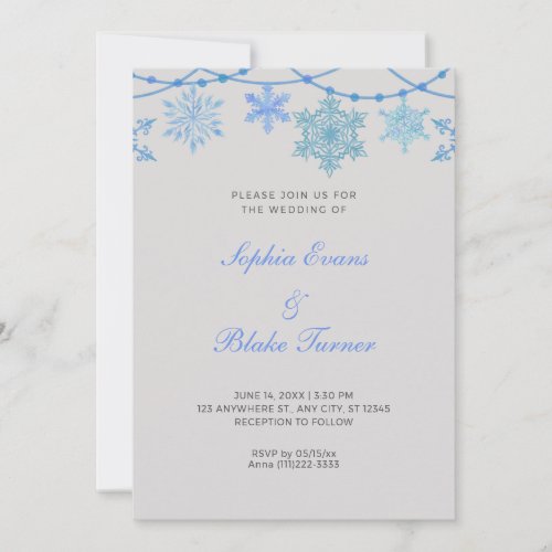 Blue Hanging Lights and Snowflakes Silver Wedding Invitation