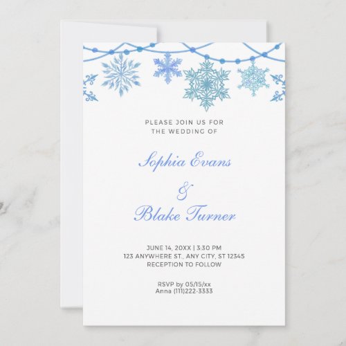 Blue Hanging Lights and Snowflakes White Wedding Invitation