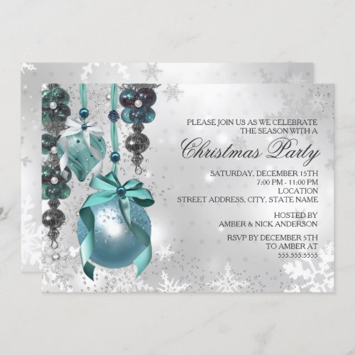 Blue Hanging Ornaments Christmas Party Invite