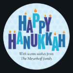 Blue Hanukkah Candle Lights Classic Round Sticker<br><div class="desc">The greeting "Happy Hanukkah" is spelled out in tonal blue colors on this sticker. The stacked letters serve as a menorah with small flames burning on top of nine "candle letters". The pale blue background is made up of interlocking Stars of David. Add your own message below or delete the...</div>