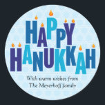 Blue Hanukkah Candle Lights Classic Round Sticker<br><div class="desc">The greeting "Happy Hanukkah" is spelled out in tonal blue colors on this sticker. The stacked letters serve as a menorah with small flames burning on top of nine "candle letters". The pale blue background is made up of interlocking Stars of David. Add your own message below or delete the...</div>