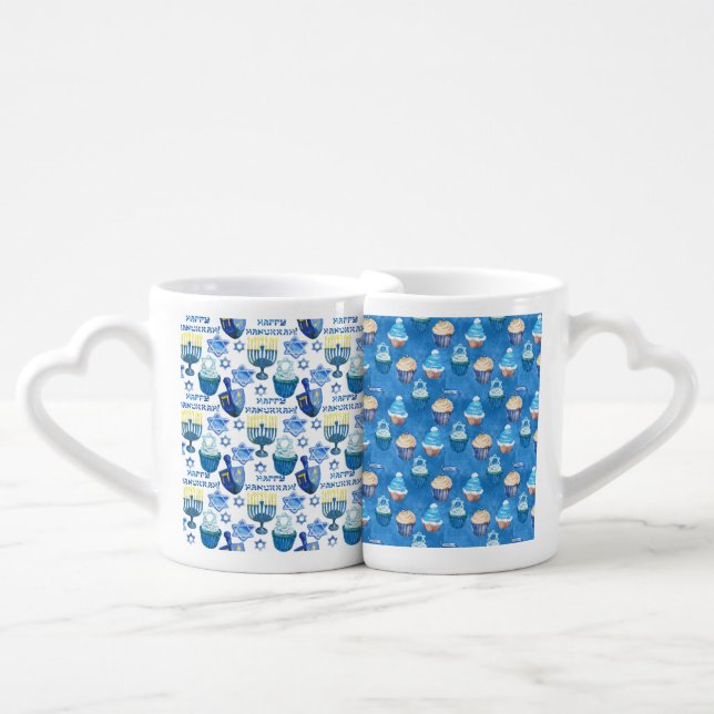 BLUE HANUKKAH CANDLES CUPCAKES DREIDELS COFFEE MUG SET (Front Nesting)