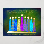 Blue Hanukkah Candles Peace Love Light Real Gold Foil Holiday Postcard<br><div class="desc">“Peace, love & light.” A playful, modern, artsy illustration of boho pattern candles in a menorah helps you usher in the holiday of Hanukkah. Assorted blue candles with colorful faux foil patterns overlay a rich deep green textured background. On the back, type in your personal copy using the easy template...</div>