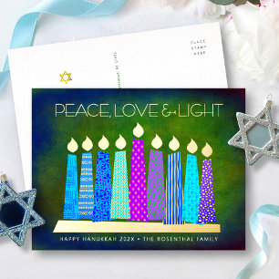 Blue Hanukkah Candles Peace Love Light Real Gold Foil Holiday Postcard