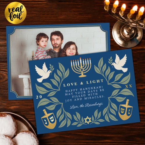 Blue Hanukkah Jewish Dove Photo  Foil Holiday Card