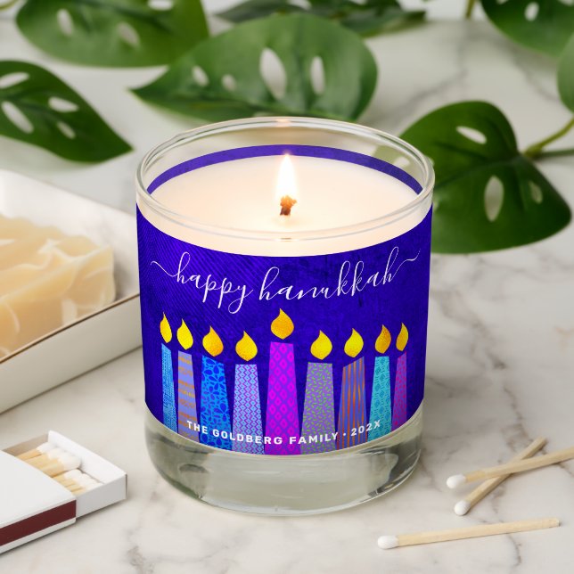 Blue Hanukkah Menorah Boho Candles Keepsake Custom (Lit)