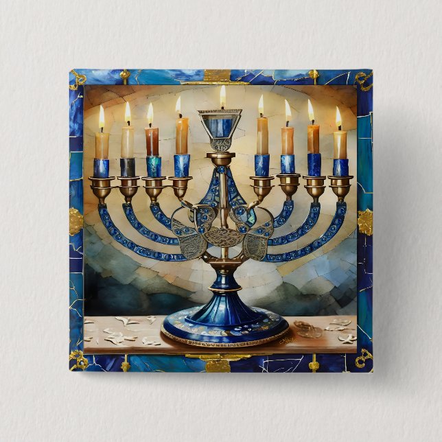 Blue Hanukkah Menorah Button (Front)
