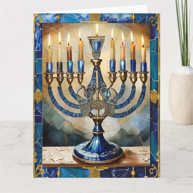 Blue Hanukkah Menorah Card (Front)